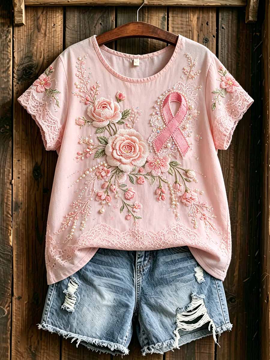 Women's Fashion Breast Cancer Awareness Floral Print T-Shirt