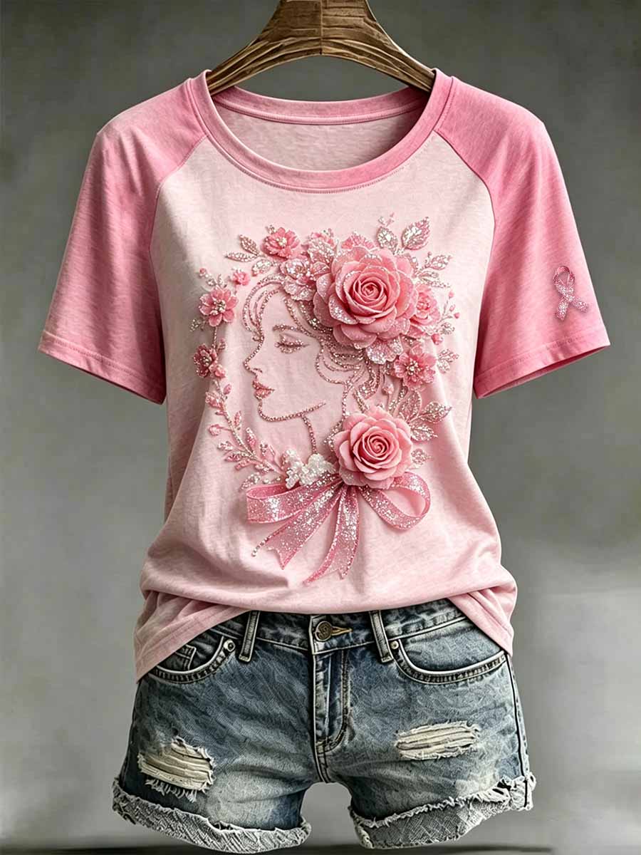 Women's Fashion Breast Cancer Awareness Floral Print T-Shirt