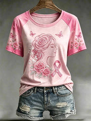 Women's Fashion Breast Cancer Awareness Floral Print T-Shirt