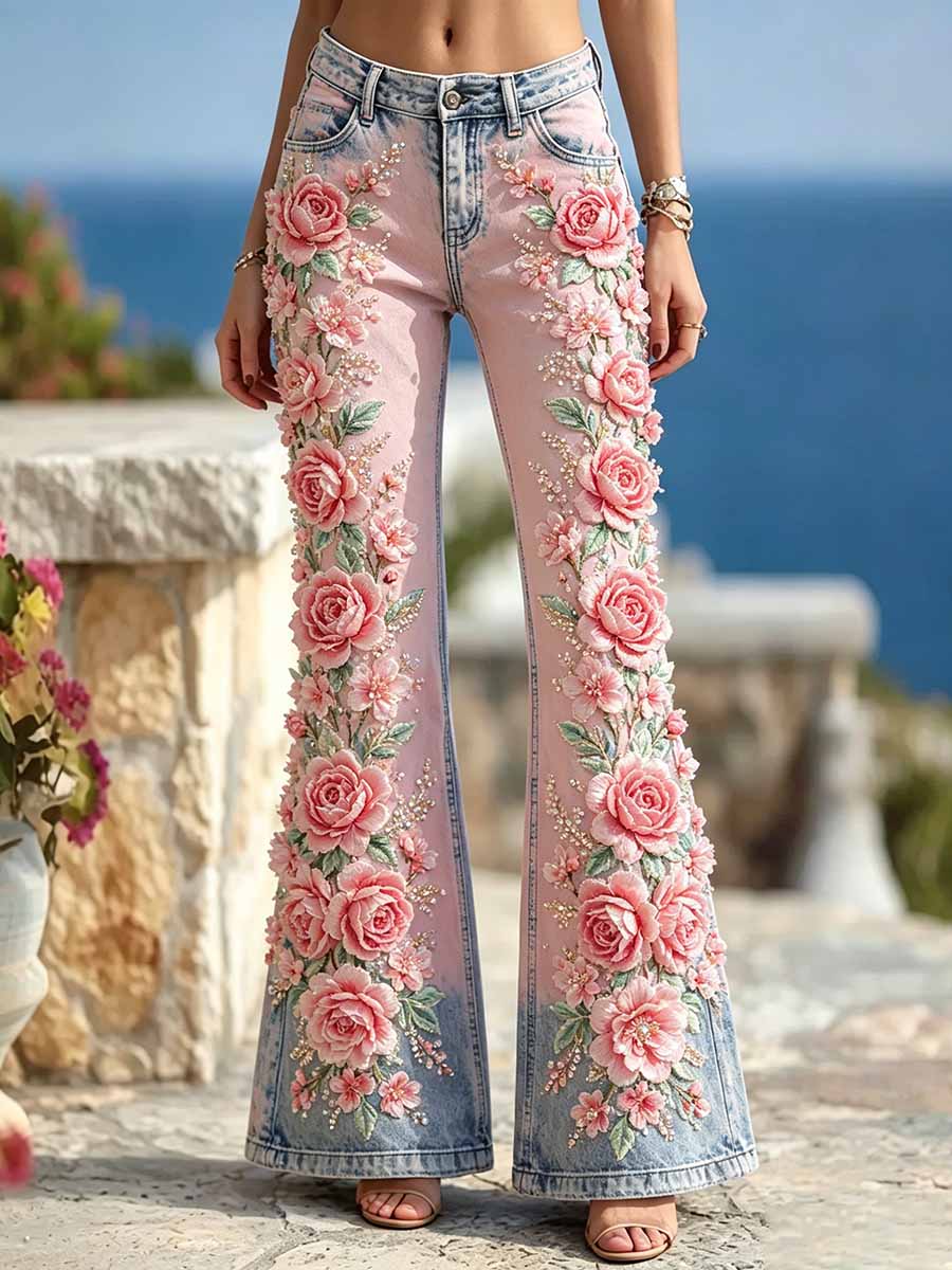 Women's Fashion Pink Floral Print Pants