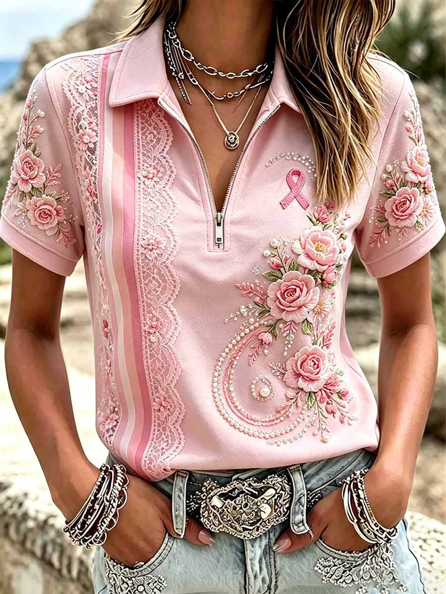 Women's Fashion Breast Cancer Awareness Floral Print T-Shirt