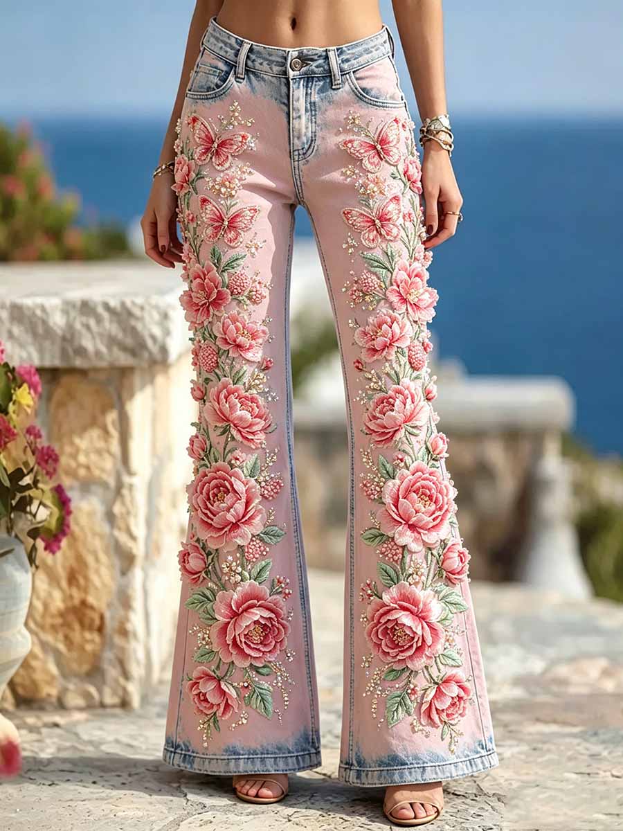 Women's Fashion Pink Floral Print Pants