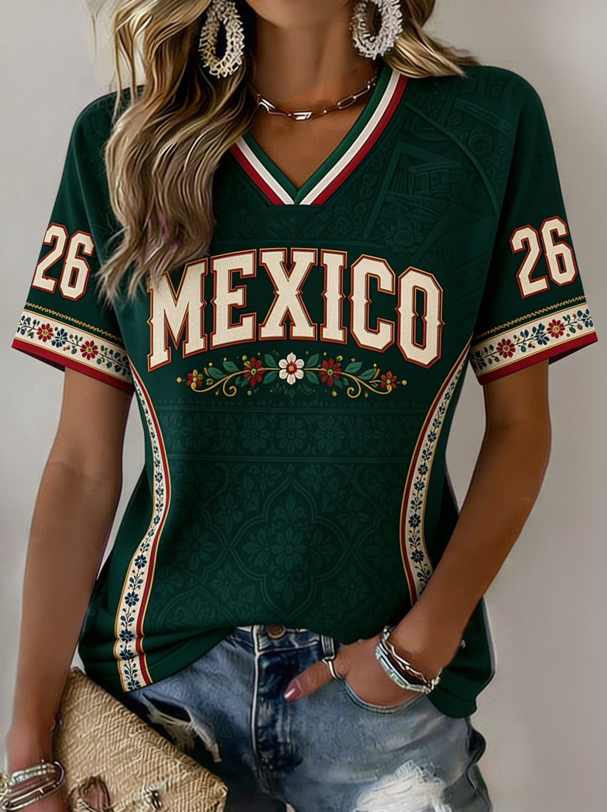 Women’s Mexican Football Printed Casual Short-Sleeve T-Shirt