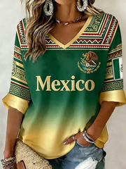 Women's Mexico Printed Mid-length Sleeves V-Neck T-Shirt