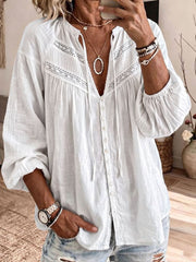 Women’s Bohemian Lace-Embellished Cotton-Blend Bell-Sleeve Duster Shirt