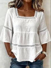Women’S Square-Neck Cotton-Linen Lace Appliqué Patchwork Short-Sleeved Top