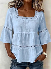 Women’S Square-Neck Cotton-Linen Lace Appliqué Patchwork Short-Sleeved Top