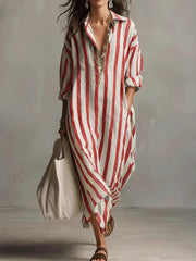 Women’s Vacation Bohemian Striped Long-Sleeve Shirt Dress