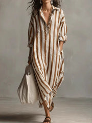 Women’s Vacation Bohemian Striped Long-Sleeve Shirt Dress