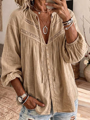 Women’s Bohemian Lace-Embellished Cotton-Blend Bell-Sleeve Duster Shirt