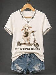 Women's Christian Off To Praise The Lord Print Casual  V-Neck Tee