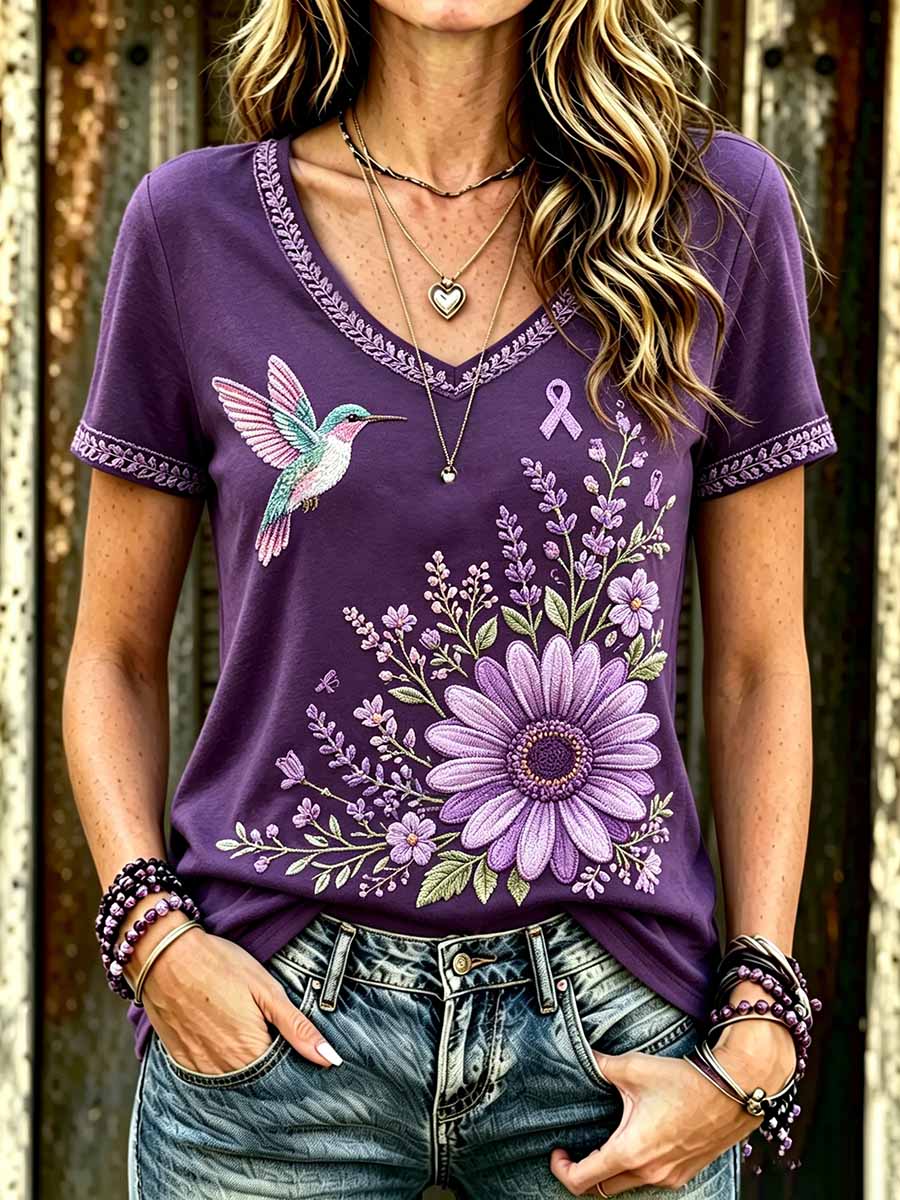Women's Fashion Purple Floral Alzheimer's Awareness Print T-Shirt