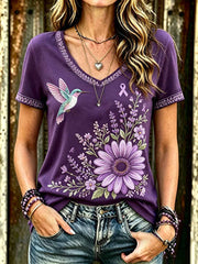 Women's Fashion Purple Floral Alzheimer's Awareness Print T-Shirt