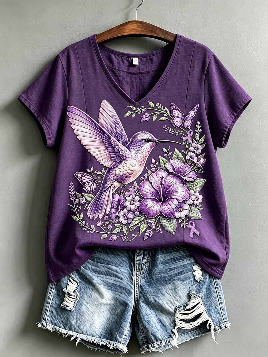 Women's Fashion Purple Floral Alzheimer's Awareness Print T-Shirt