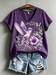 Women's Fashion Purple Floral Alzheimer's Awareness Print T-Shirt