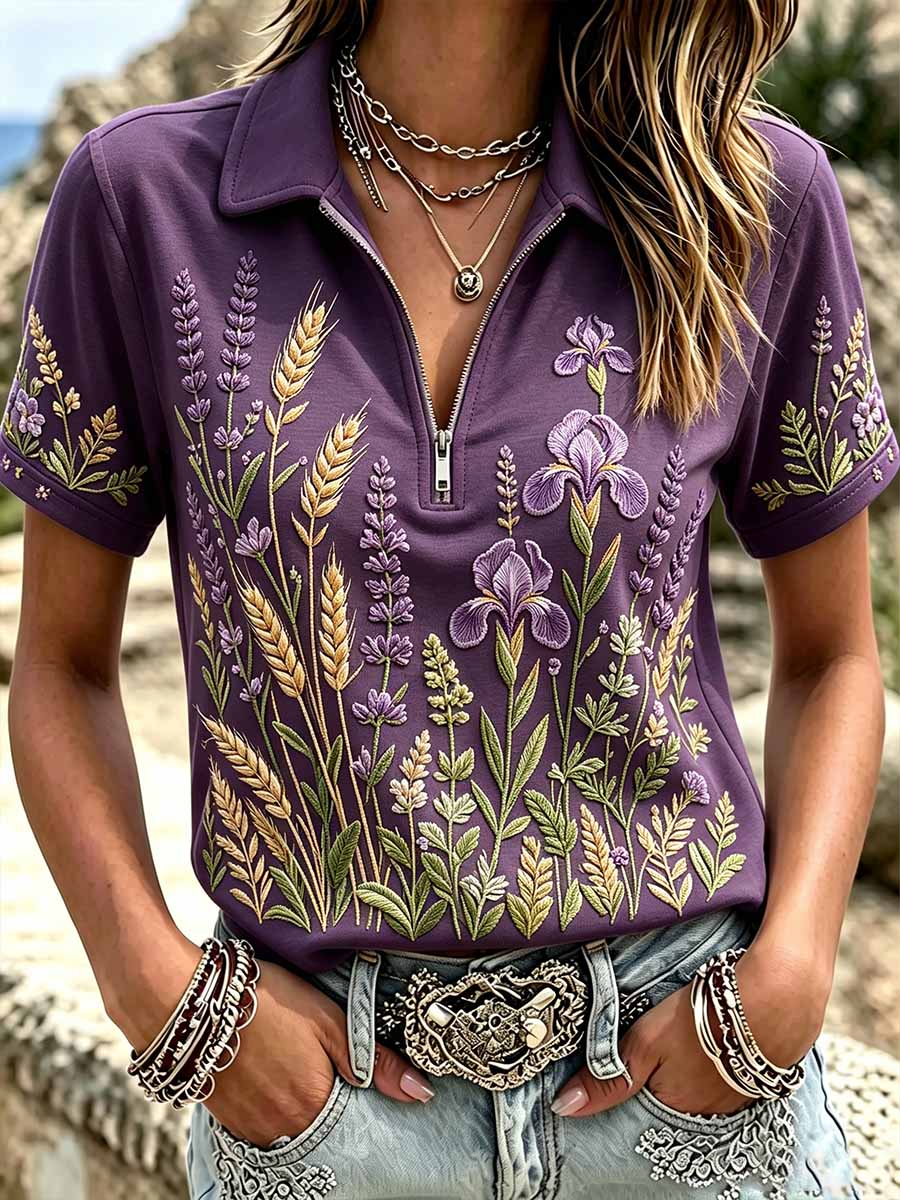 Women's Fashion Purple Floral Print T-Shirt