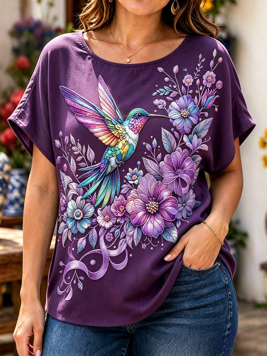 Women's Fashion Purple Floral Alzheimer's Awareness Print T-Shirt