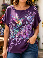 Women's Fashion Purple Floral Alzheimer's Awareness Print T-Shirt