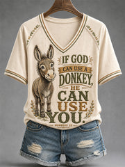 Women's Funny Donkey If God Can Use Donkey He Can Use You Print Casual V-Neck Tee
