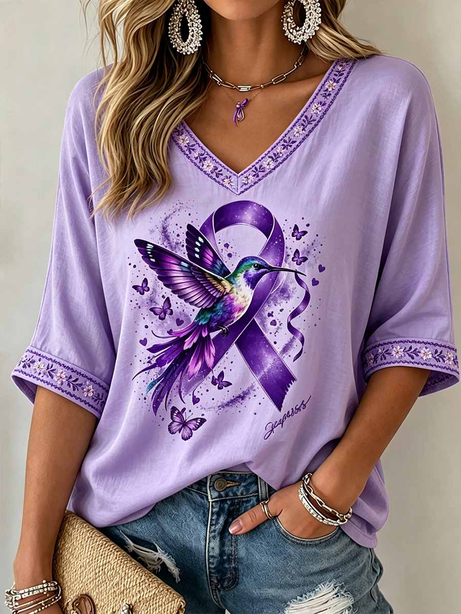 Women's Purple Hummingbird Pattern Alzheimer's Awareness Print T-Shirt
