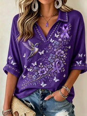 Women's Purple Floral Pattern Alzheimer's Awareness Print T-Shirt