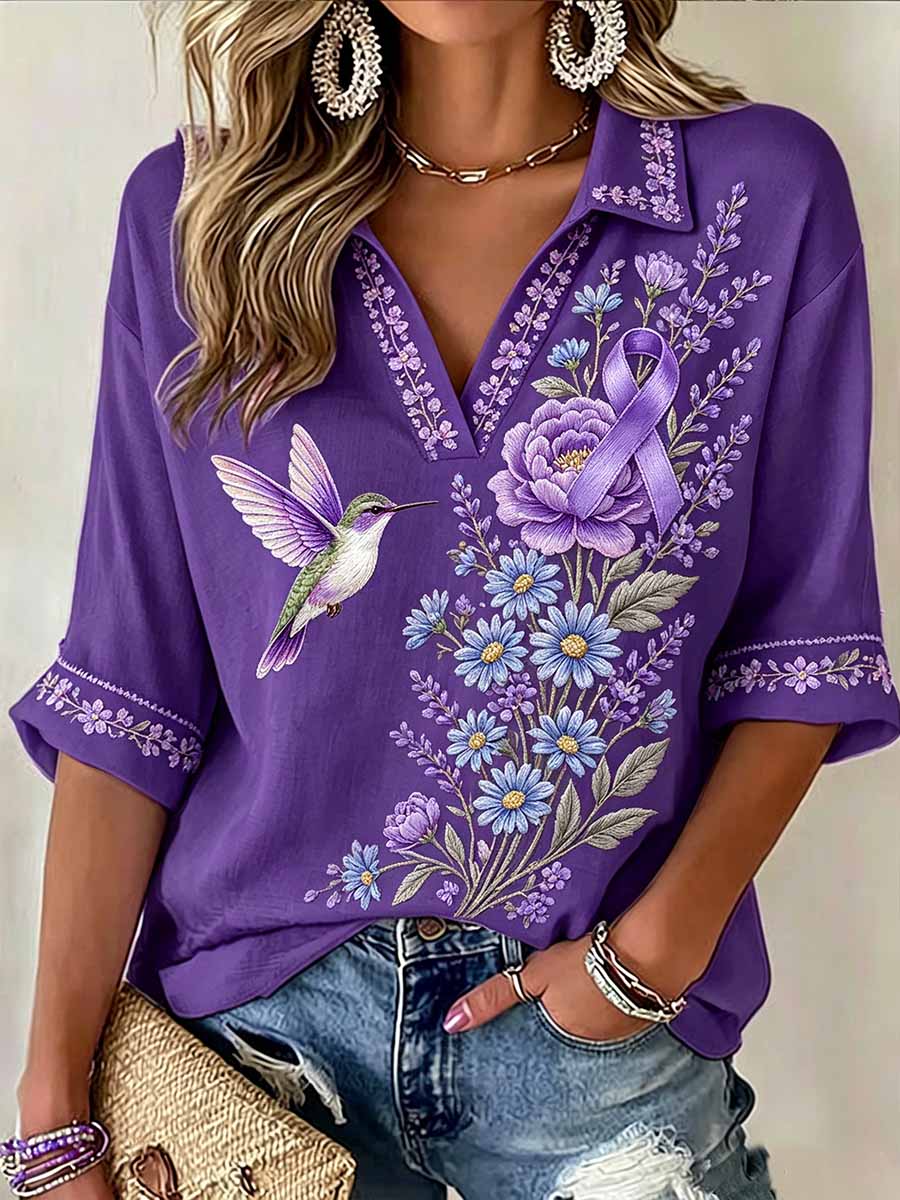 Women's Purple Floral Pattern Alzheimer's Awareness Print T-Shirt