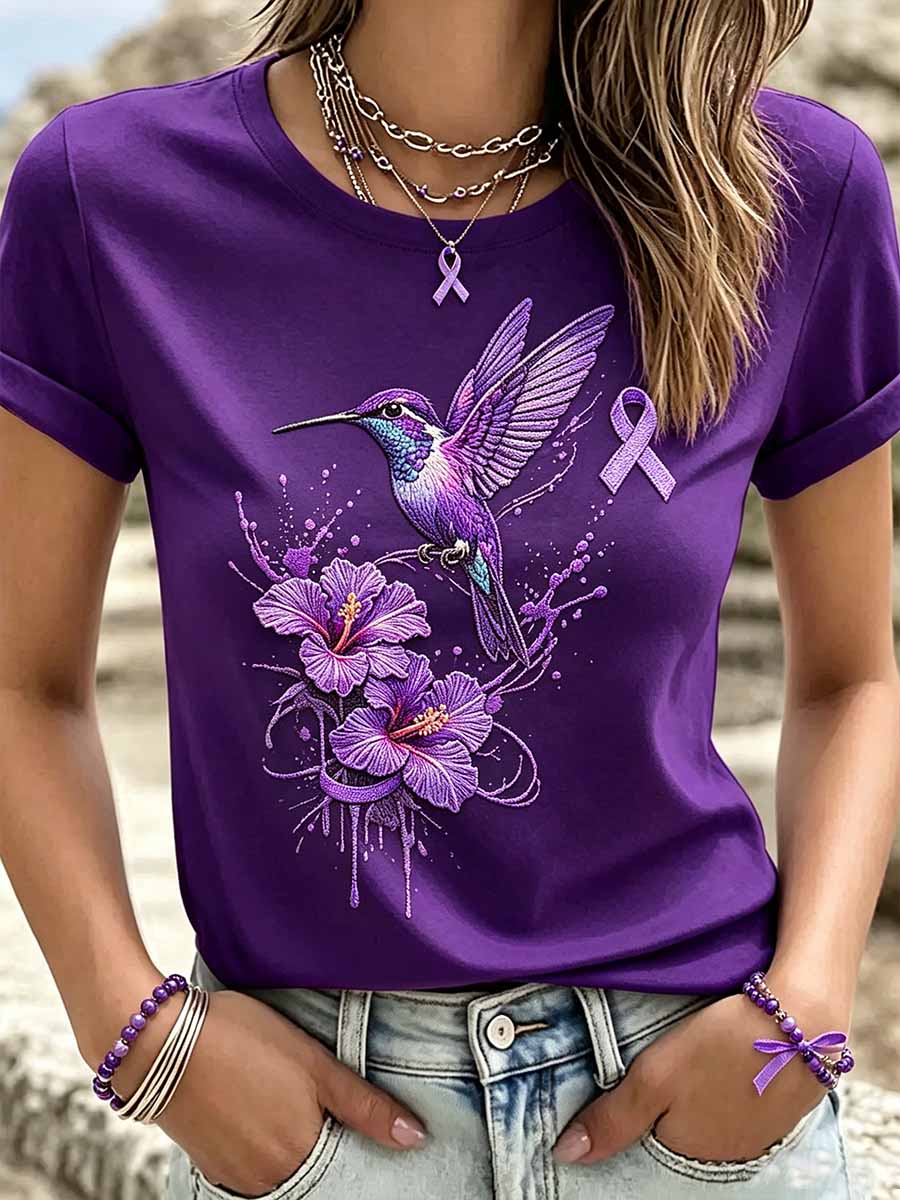 Women's Purple Hummingbird Pattern Alzheimer's Awareness Print T-Shirt
