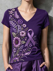 Women's Purple Floral Alzheimer's Awareness Print T-Shirt