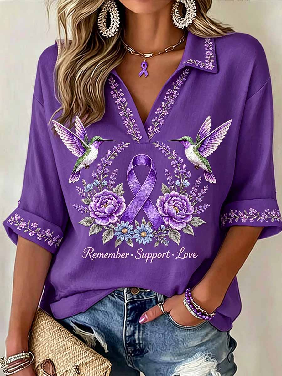 Women's Purple Floral Pattern Alzheimer's Awareness Print T-Shirt