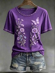 Women's Purple Floral Pattern Alzheimer's Awareness Print T-Shirt