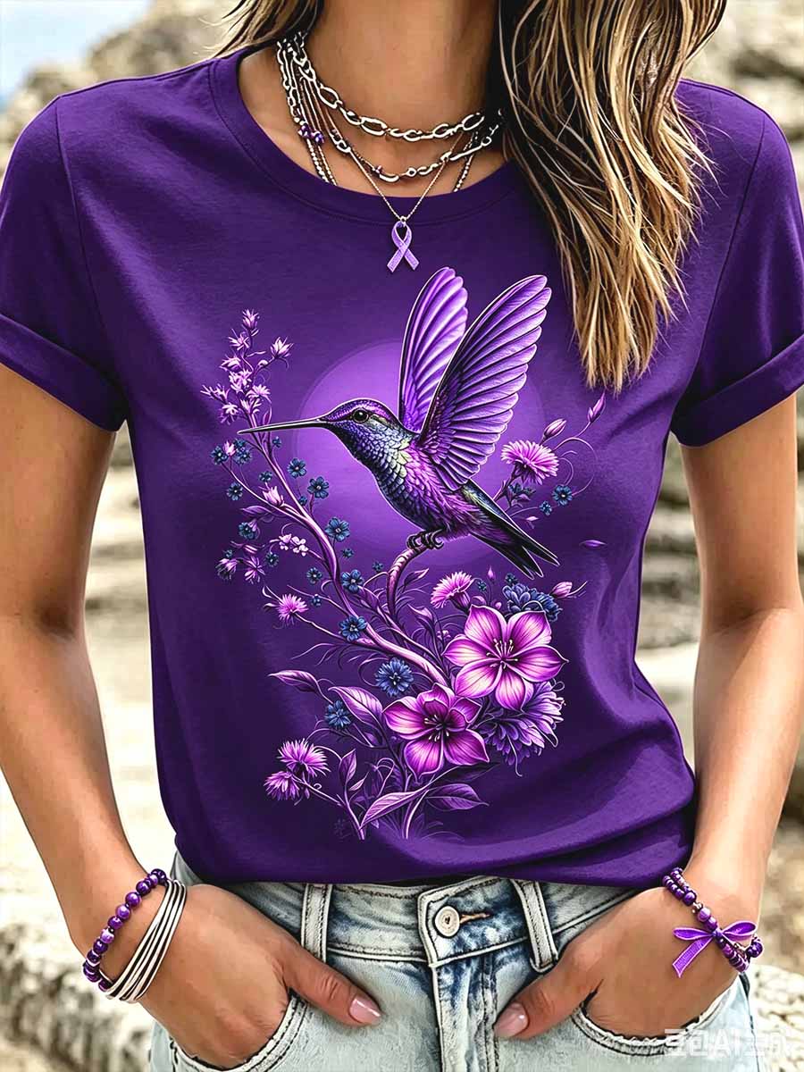 Women's Purple Hummingbird Pattern Alzheimer's Awareness Print T-Shirt