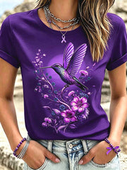 Women's Purple Hummingbird Pattern Alzheimer's Awareness Print T-Shirt