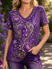 Women's Floral & Heart Alzheimer's Support Printed T-Shirt
