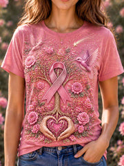 Women's Floral Tree of Life Pattern Pink Breast Cancer Support Printed T-Shirt