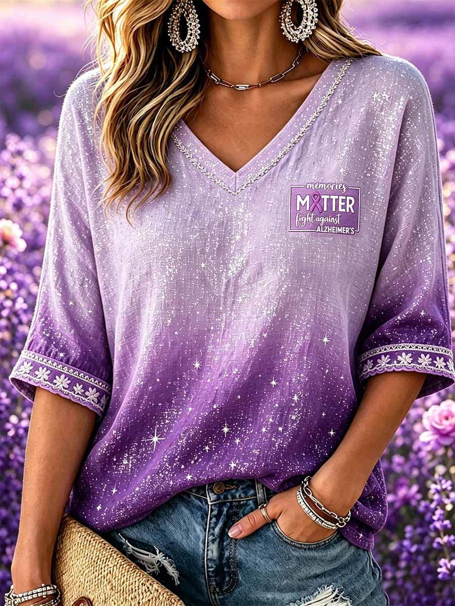 Women's Fashion Purple Alzheimer's Support Print T-Shirt