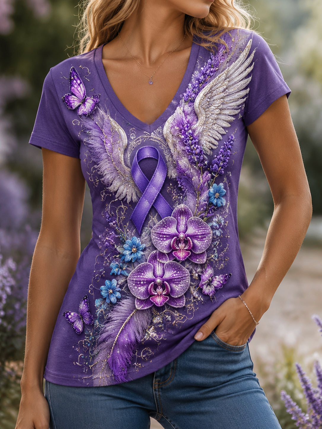 Women's Floral & Angel Wings Alzheimer's Support Printed T-Shirt