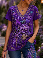 Women's Floral & Puzzle Pattern Alzheimer's Support Printed T-Shirt
