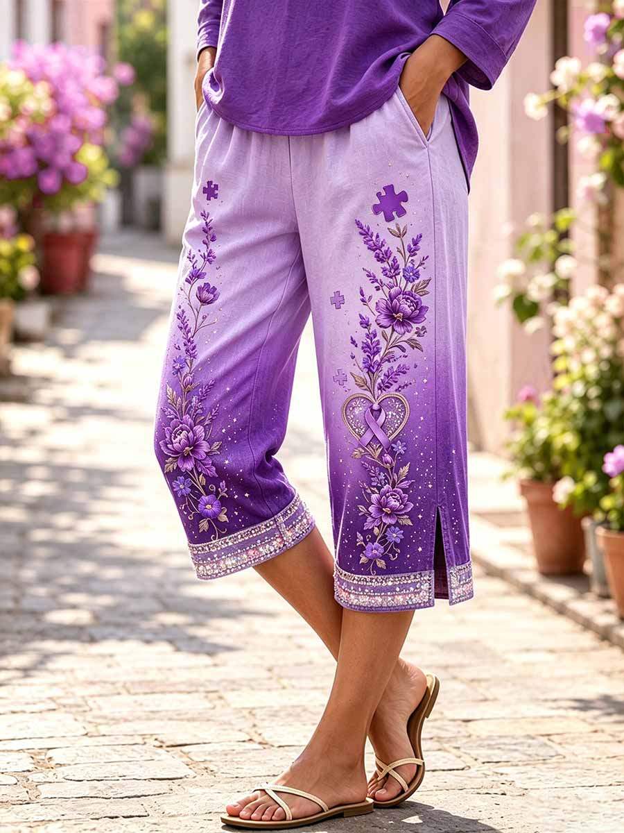 Women's Purple Floral Alzheimer's Support Print Pants