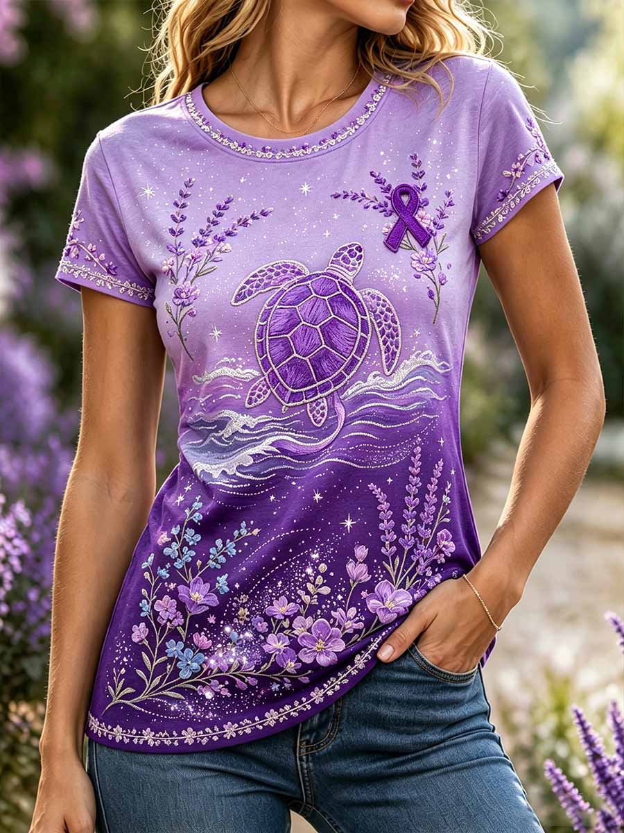 Women's Floral & Turtle Pattern Alzheimer's Support Print T-Shirt