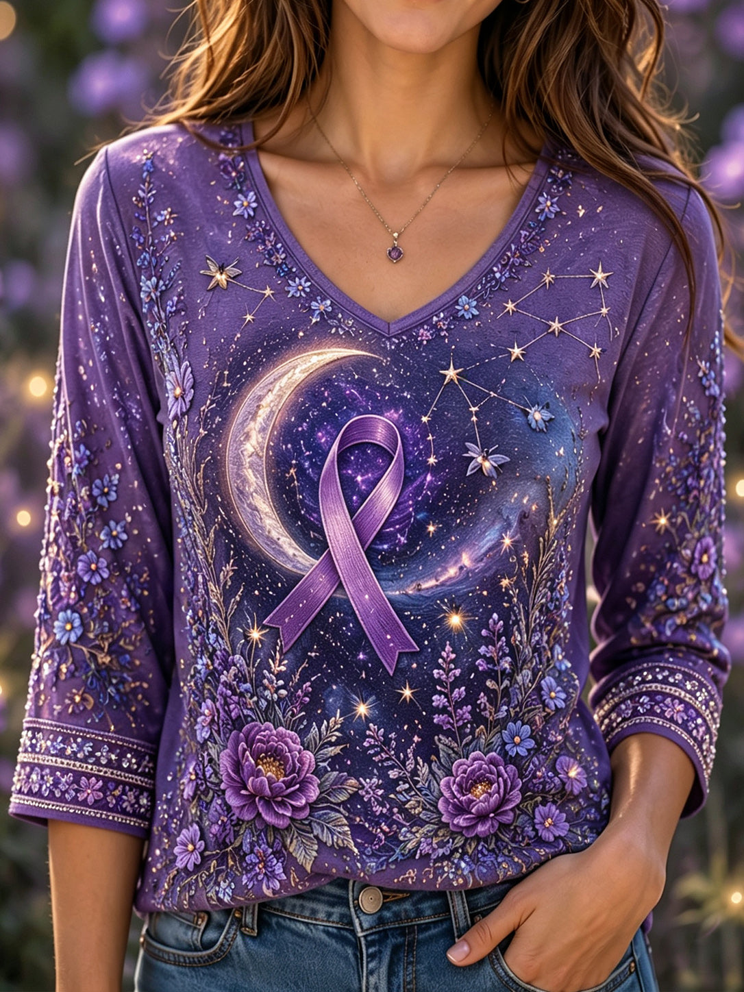 Women's Floral & Starry Sky Alzheimer's Support Printed T-Shirt