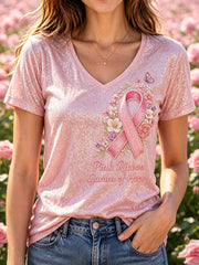 Women's Pink Floral Breast Cancer Awareness Support Printed T-Shirt