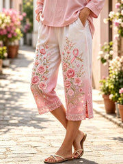 Women's Fashion Floral Pattern Pink Breast Cancer Support Printed Pants