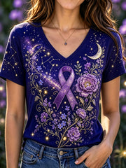 Women's Floral & Starry Sky Pattern Alzheimer's Support Printed T-Shirt