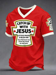 Men's Catch Up With Jesus Print Casual V-Neck Tee