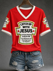 Women's Catch Up With Jesus Print Casual V-Neck Tee