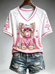 Women's Cat Pattern Breast Cancer Awareness Printed T-Shirt