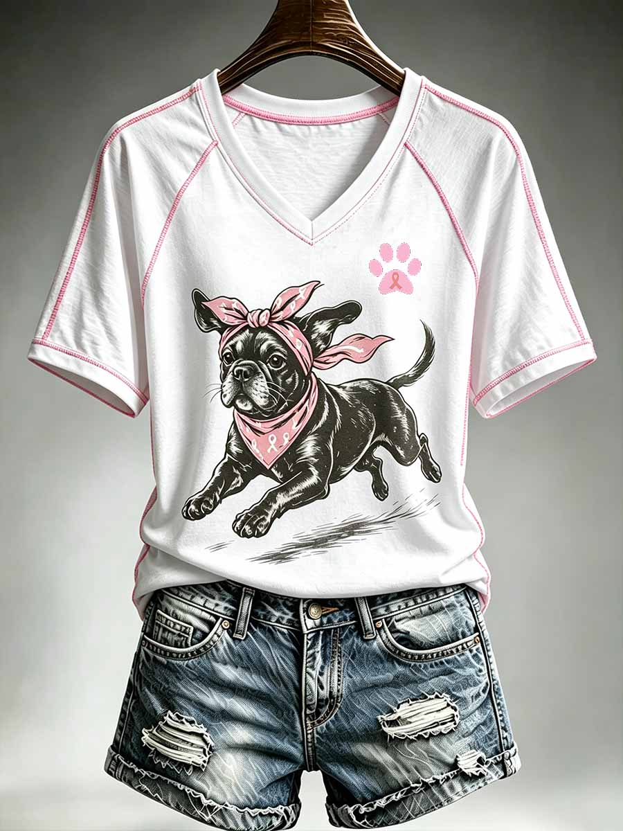 Women's Dog Pattern Breast Cancer Awareness Printed T-Shirt
