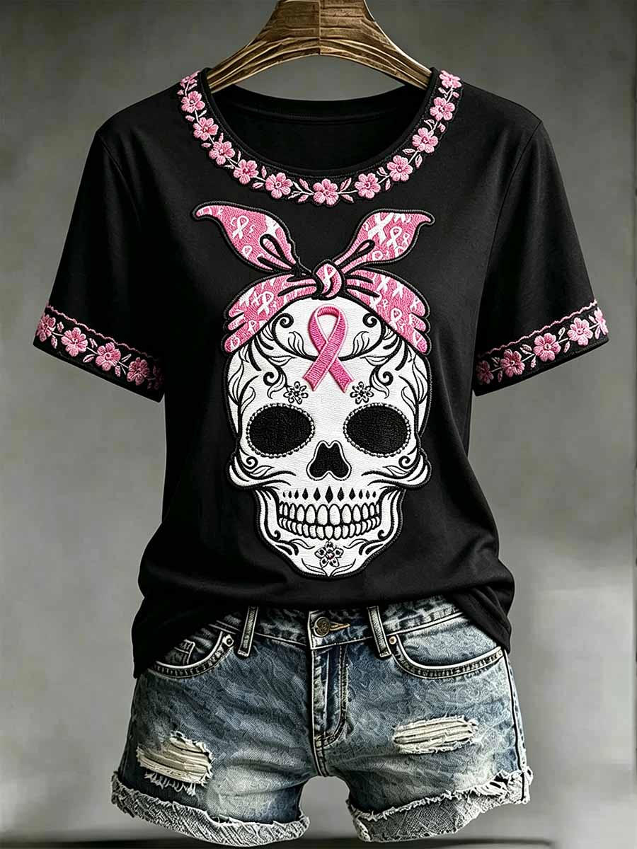 Women's Skull Pattern Breast Cancer Awareness Printed T-Shirt