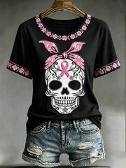 Women's Skull Pattern Breast Cancer Awareness Printed T-Shirt