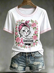 Women's Cat Pattern Breast Cancer Awareness Printed T-Shirt